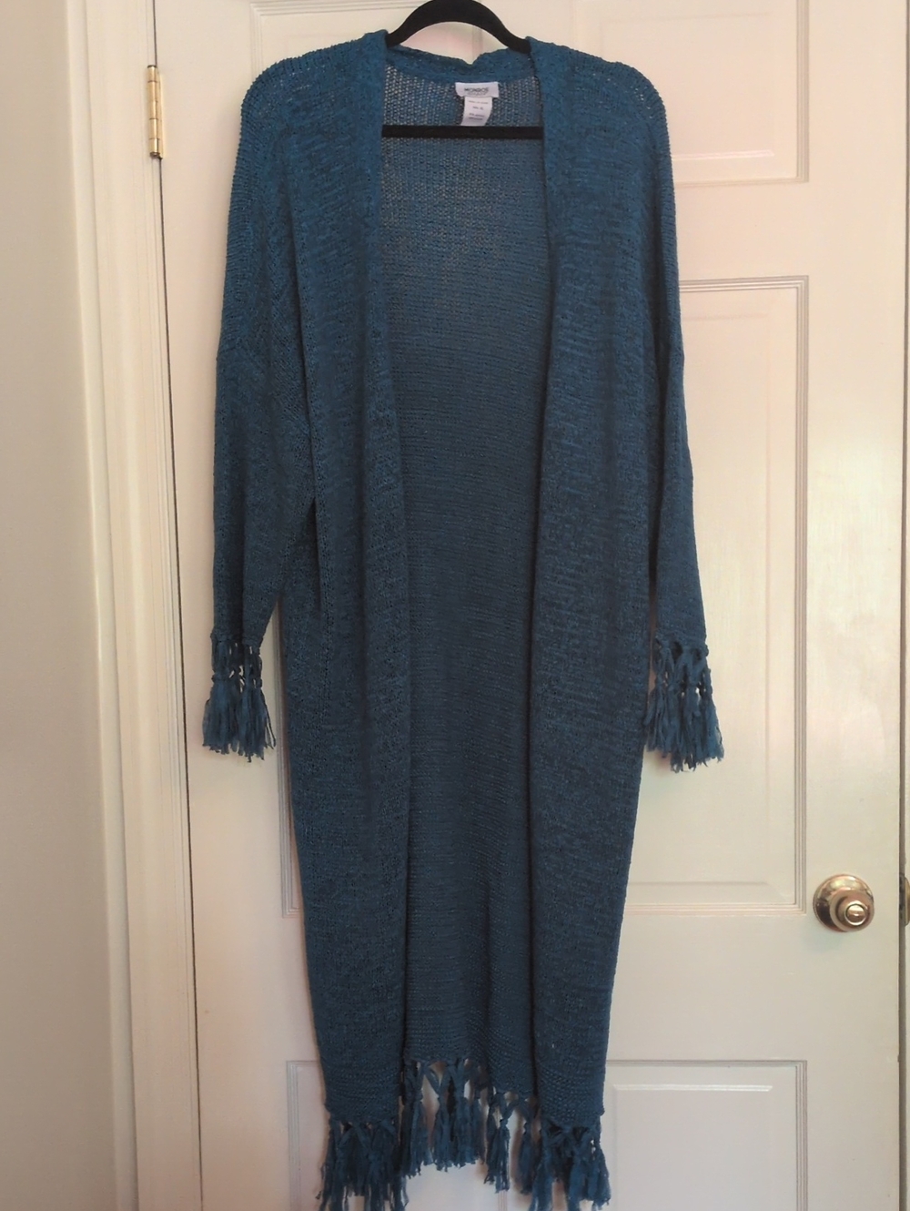 Monroe & Main Teal Fringe Open-Front Long Cardigan